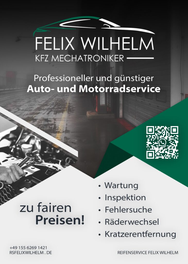 Kfz-Werkstatt Lindwedel Flyer 2024 – Auto- und Motorradservice, Wartung, Inspektion, Fehlersuche, günstige Werkstatt im Heidekreis, flexible Termine bei Felix Wilhelm.
