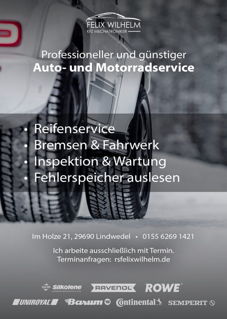 Reifenservice Flyer Winter 2025 – Reifenmontage, Auswuchten, Runflat, Pannenhilfe nahe A7 Berkhof, hochwertiger Reifenservice und RDKS-Diagnose in Lindwedel.